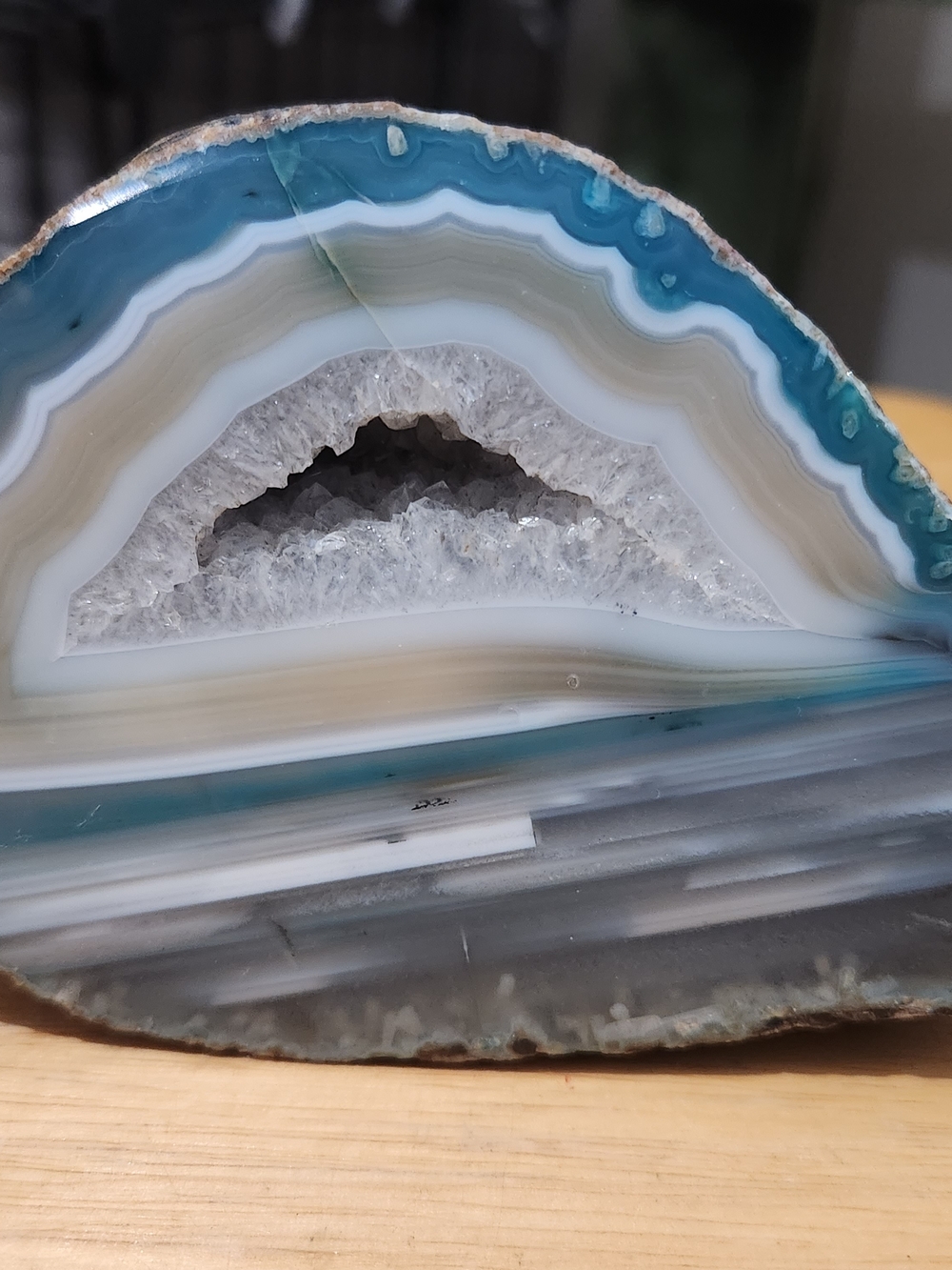 Blue Agate Geode Bookend with White Crystal Center, 1lb 10oz